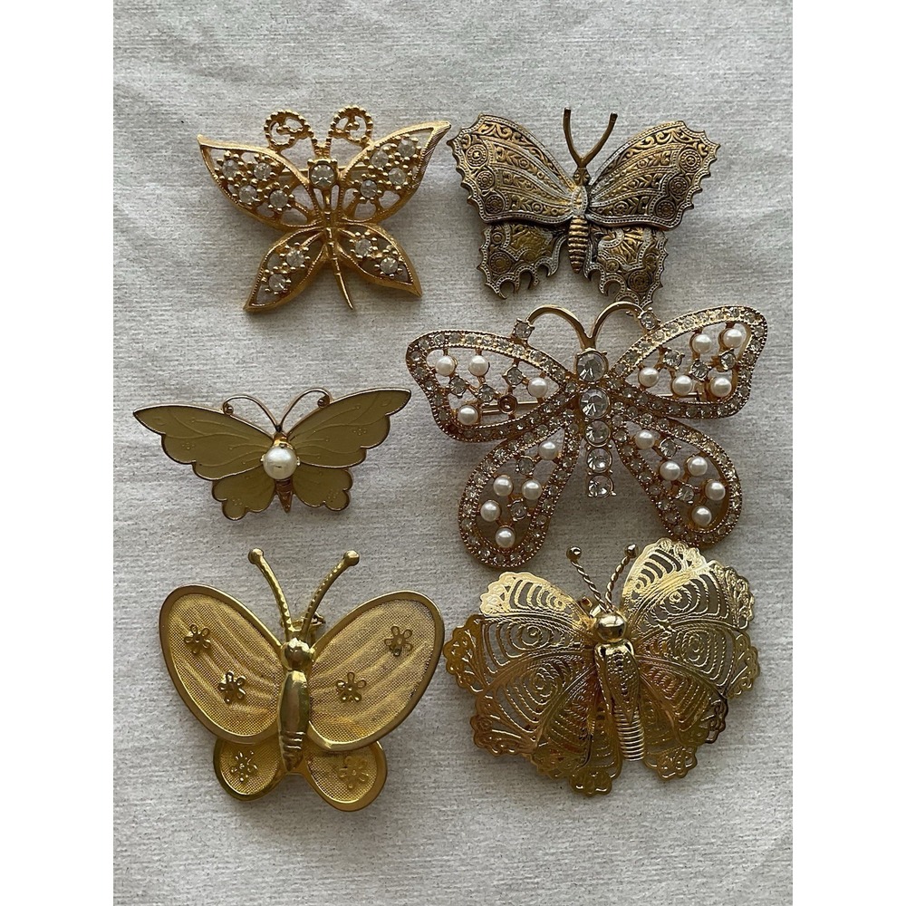 Lot Of 6 Vintage Brooch Pins Butterfly Gold Tone Estate Jewelry - Picture 12 of 12